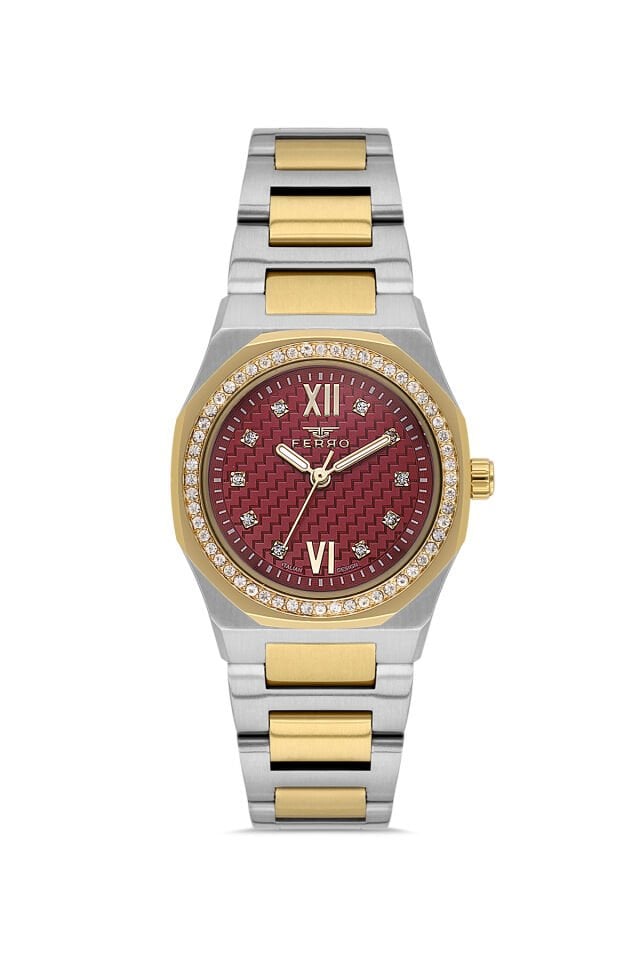 Ferro FL21616AWT-D8 Quartz Çelik Altın Gri Kırmızı 27 mm Kadın Kol Saati
