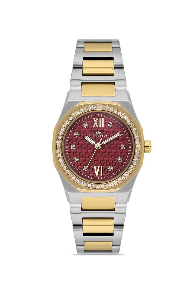 Ferro FL21616AWT-D8 Quartz Çelik Altın Gri Kırmızı 27 mm Kadın Kol Saati