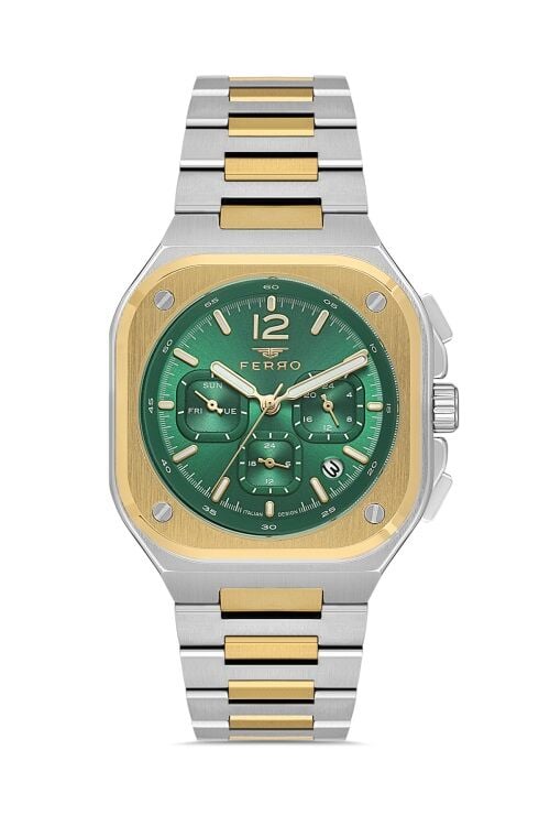 Ferro FM11497AWT-D6 Quartz Çelik Gri Yeşil Kadran 42 mm Erkek Kol Saati