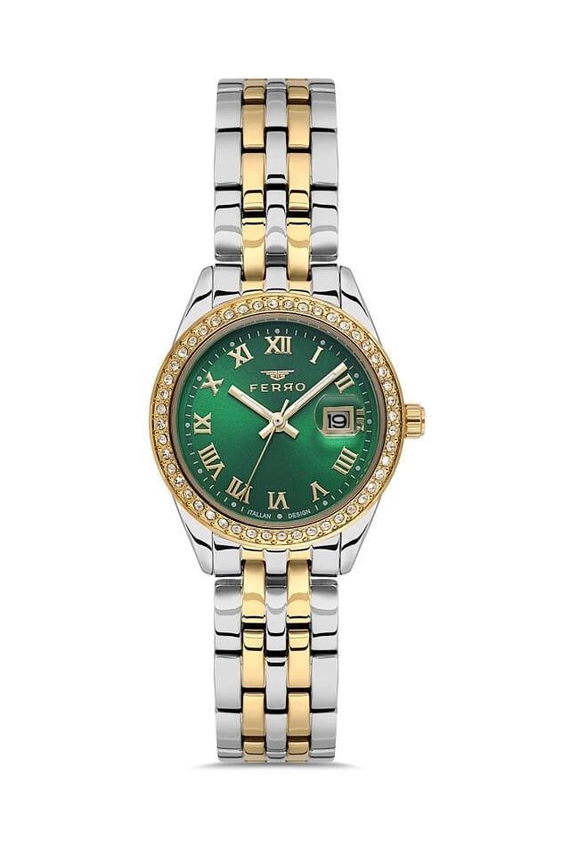 Ferro FL21619AWT-D6 Quartz Çelik Altın/Gri Yeşil Kadran 32 mm Kadın Kol Saati