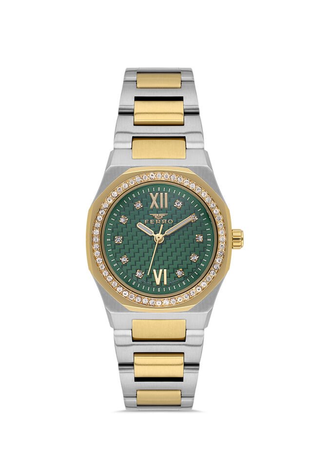Ferro FL21616AWT-D6 Quartz Çelik Altın/Gri Yeşil Kadran 27 mm Kadın Kol Saati