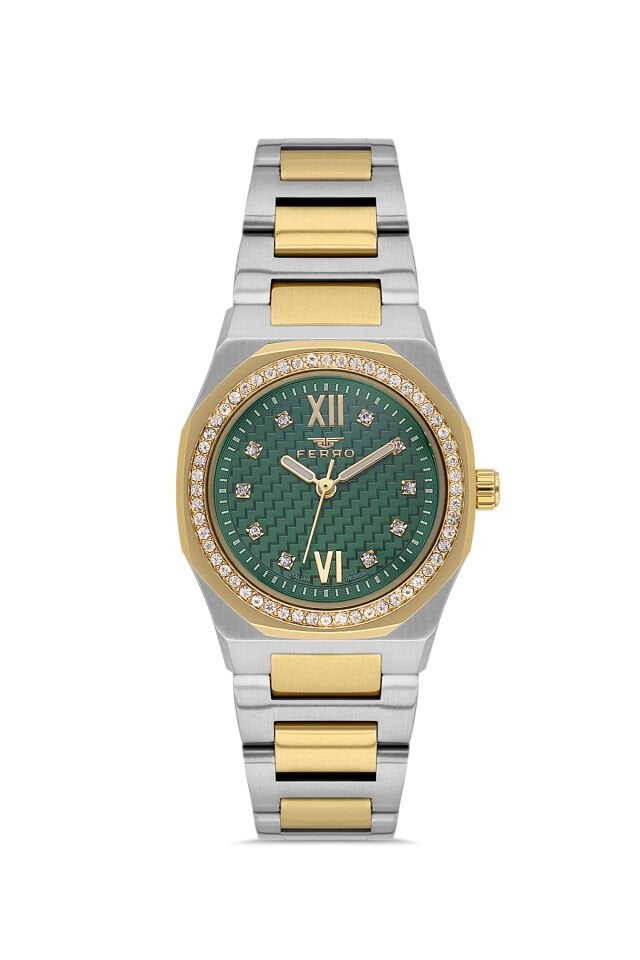 Ferro FL21616AWT-D6 Quartz Çelik Altın/Gri Yeşil Kadran 27 mm Kadın Kol Saati