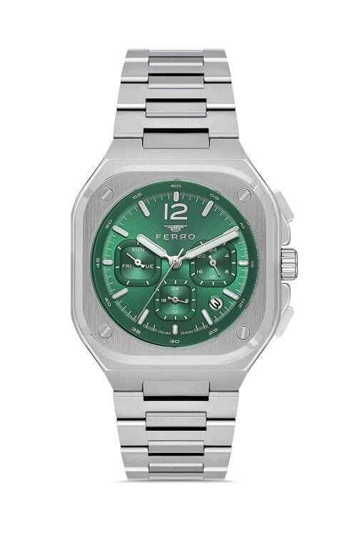 Ferro FM11497AWT-A6 Quartz Çelik Gri Yeşil Kadran 42 mm Erkek Kol Saati