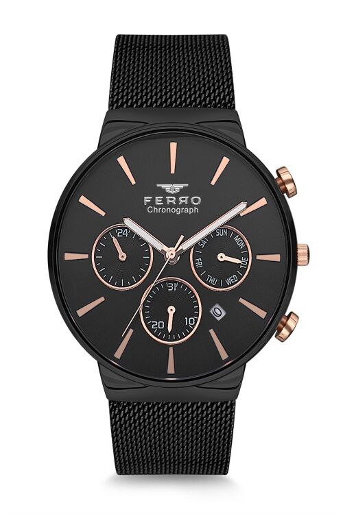 Ferro FM1697C-G Quartz Siyah Hasır Kordon 46 mm Erkek Kol Saati