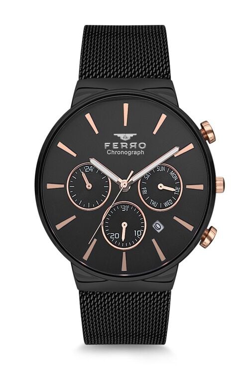 Ferro FM1697C-G Quartz Siyah Hasır Kordon 46 mm Erkek Kol Saati